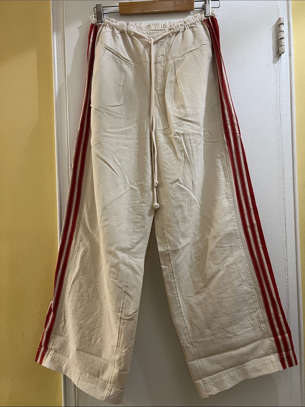 Free People Cream Wide-Leg Track Pants with Red Side Stripes